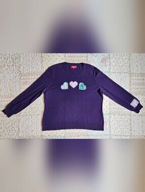 Vintage Upcycled Sweater with Heart Appliqués - Purple